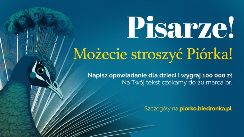 zdjęcie ptaka - pawia z piórami wraz z informacją o konkursie literackim zatytułowanym "Piórko"