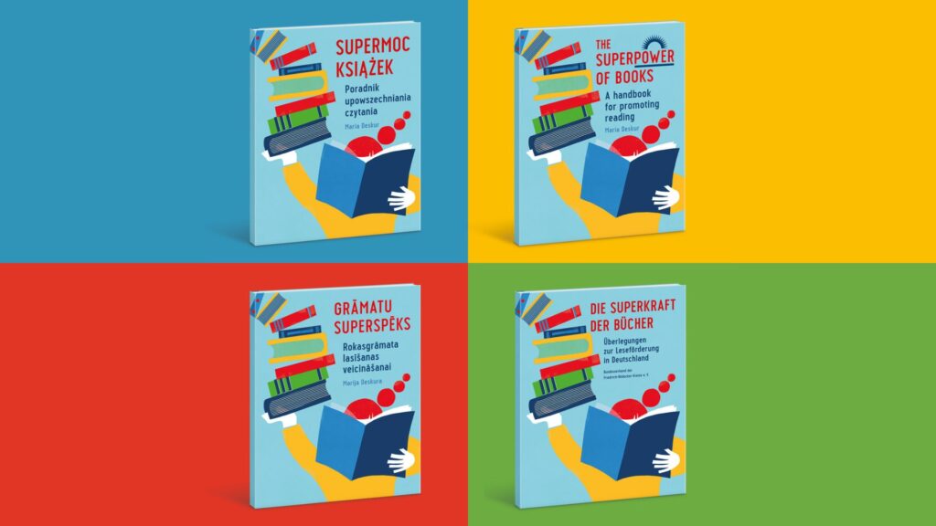 4 wersje okładki książki "Supermoc książek. Poradnik upowszechniania czytania" w czterech różnych językach