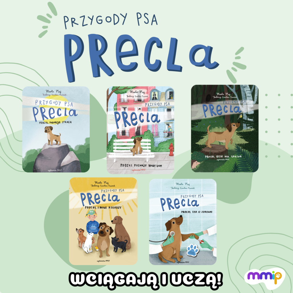 5 okładek książek dla dzieci "Przygody psa Precla"